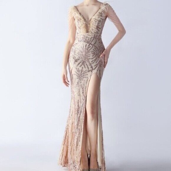 Gold, Geo Print, Ostrich Feather V Neck, Beaded Sleeves, Sequined Mermaid Gown - Picture 5 of 14